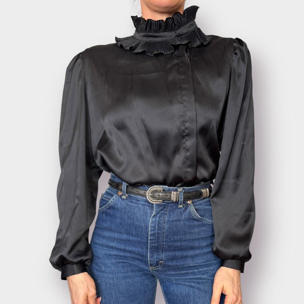 70s MJ Concepts Black‎ Ruffle Collar Blouse Size L